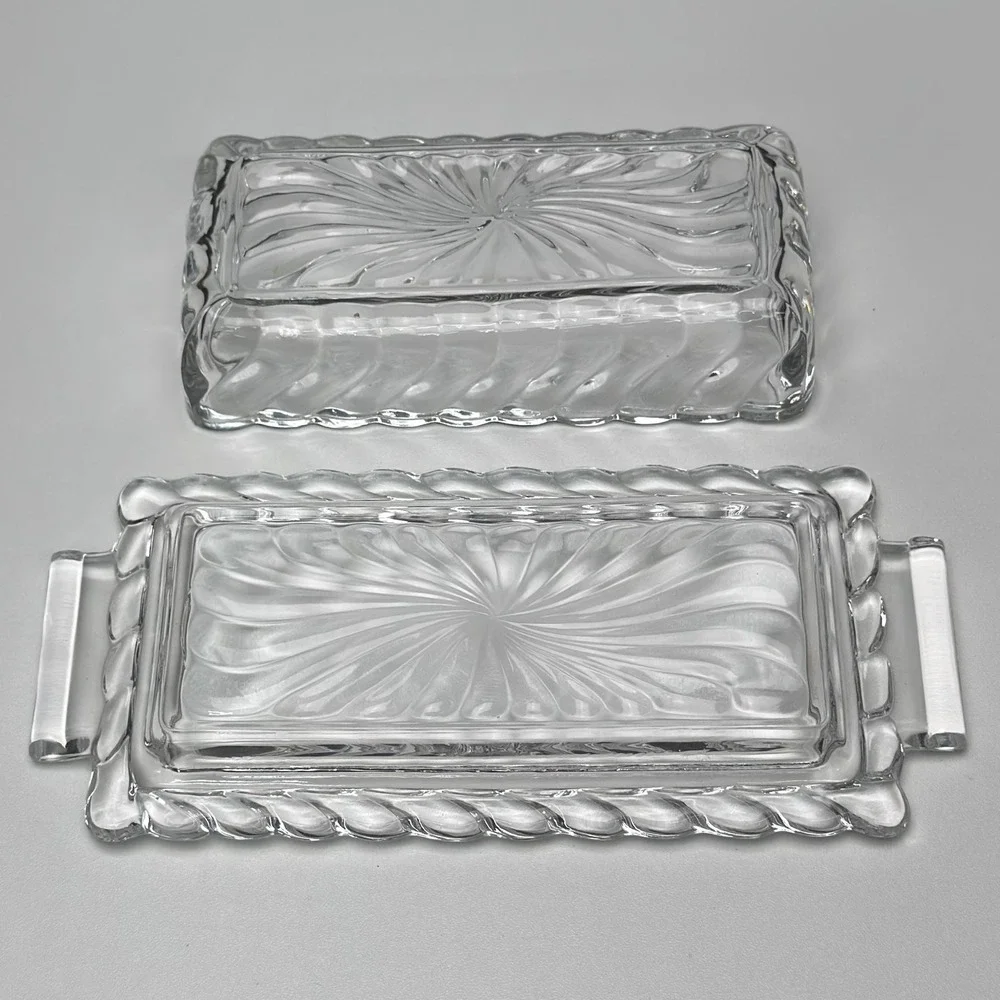 Vintage Clear Pressed Glass Butter Dish Sunburst Swirl Pattern Handled Tray Lid